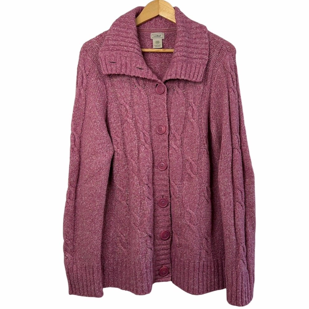 L.L.Bean Cable Knit Cardigan Sweater Pink Wool Blend Large